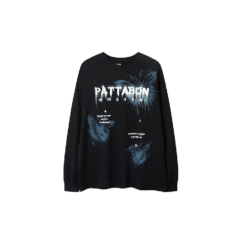 Retro Butterfly Print Long Sleeve Cotton T Shirt-0