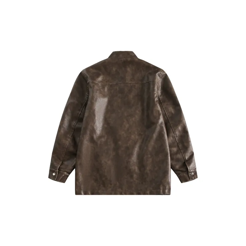 Slant Placket Button Leather Jacket-1
