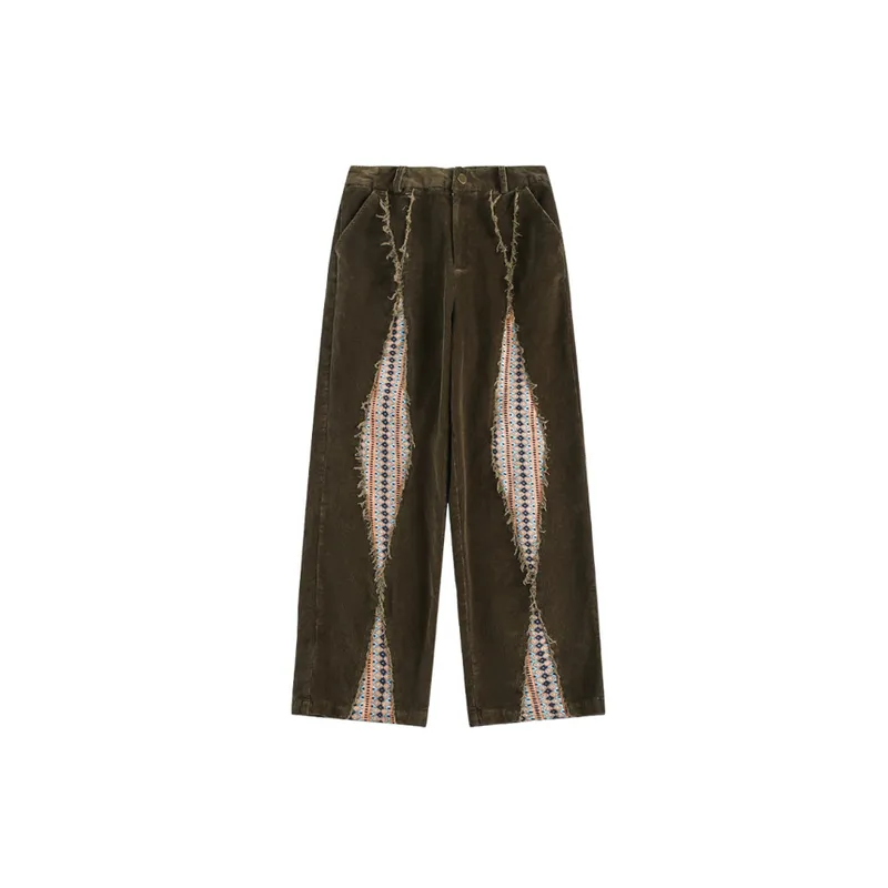Corduroy Casual Color matching Cat Whare Loose Wide leg Straight Pants-0