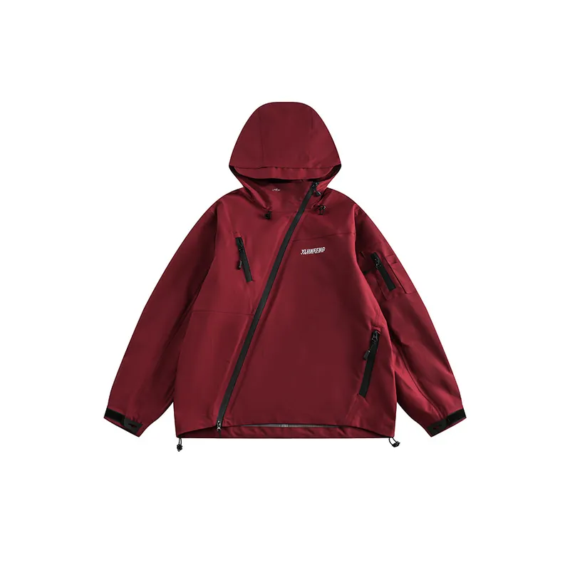 Solid Color Multi Pocket Hooded Waterproof Jacket-2