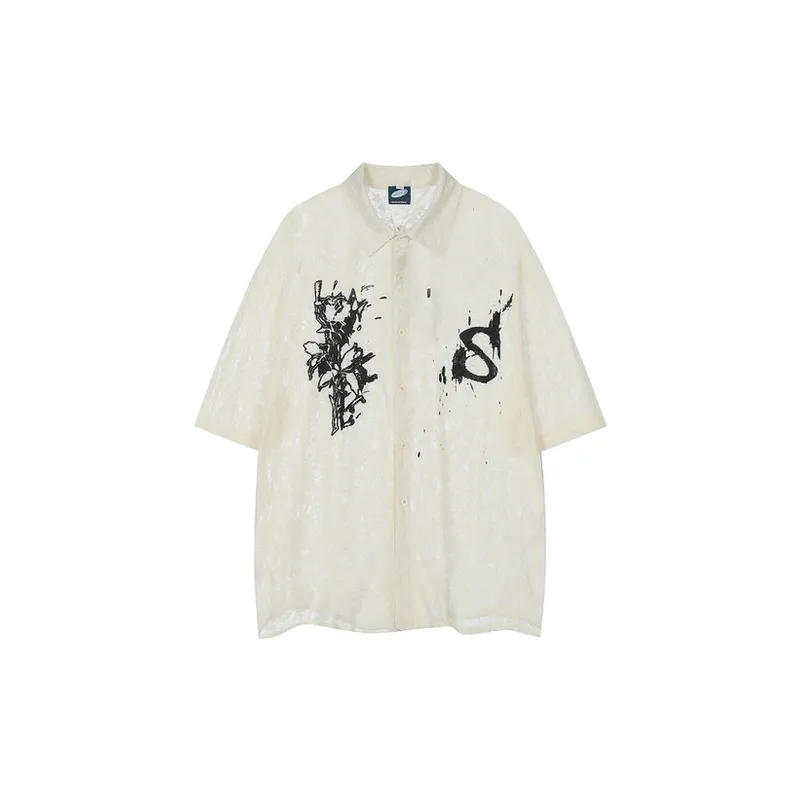 Retro Loose Short sleeved Knitted Hollow Floral Print Casual Shirt
