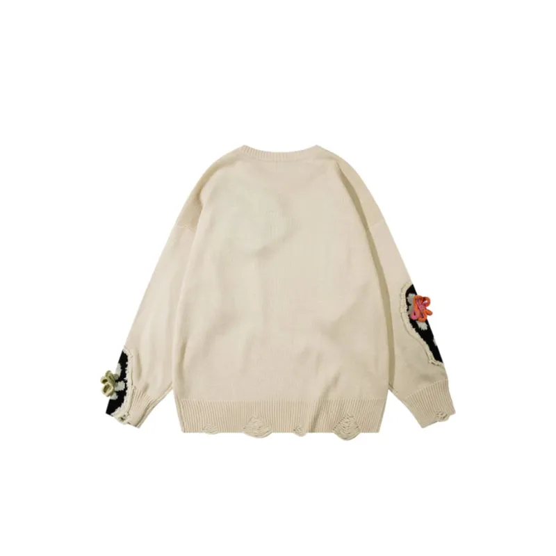 Tide High Street Lazy Style Small Flower Rip Knit Sweater-5
