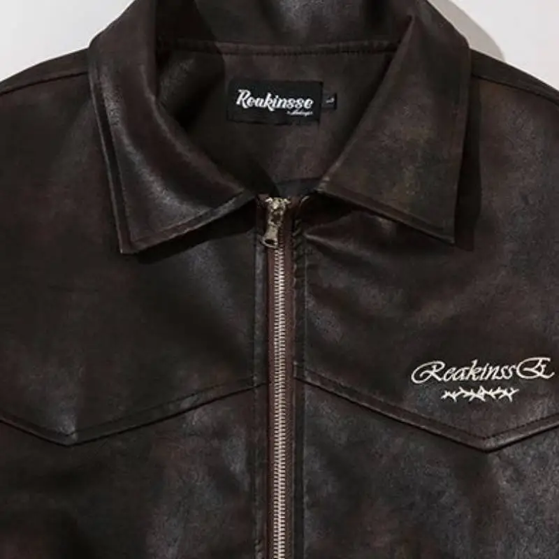 Casual Embroidery Leather Jacket-4