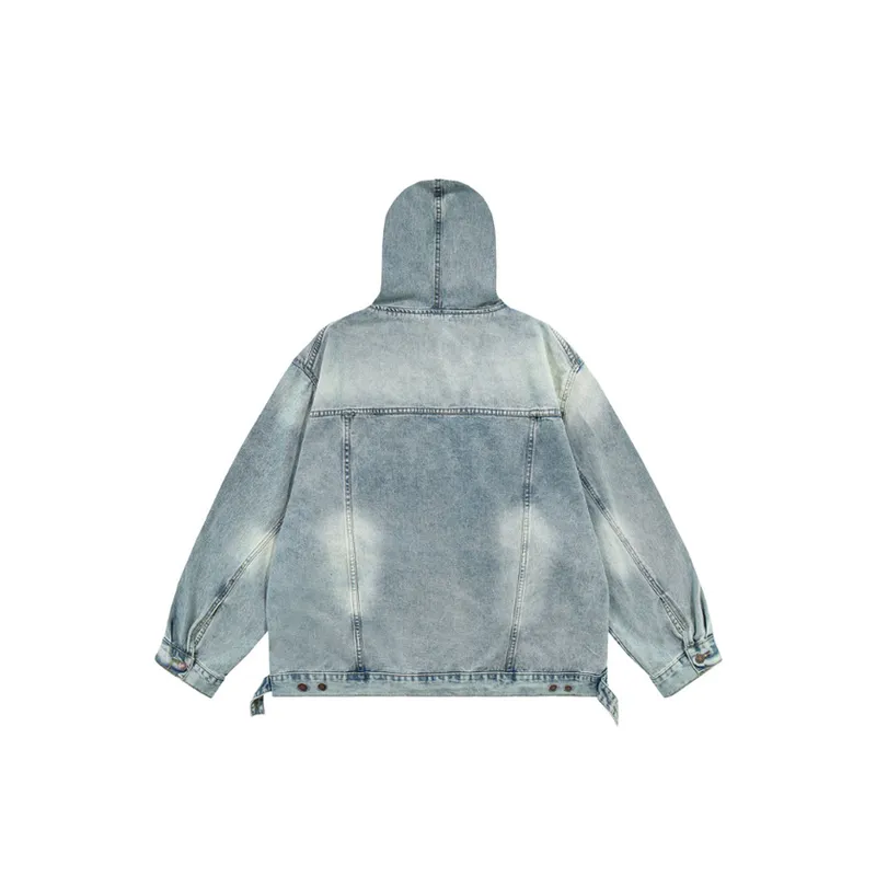 Retro High Street Washed Distressed Denim Hooded Pullover Distinctive Sweatshirt-3