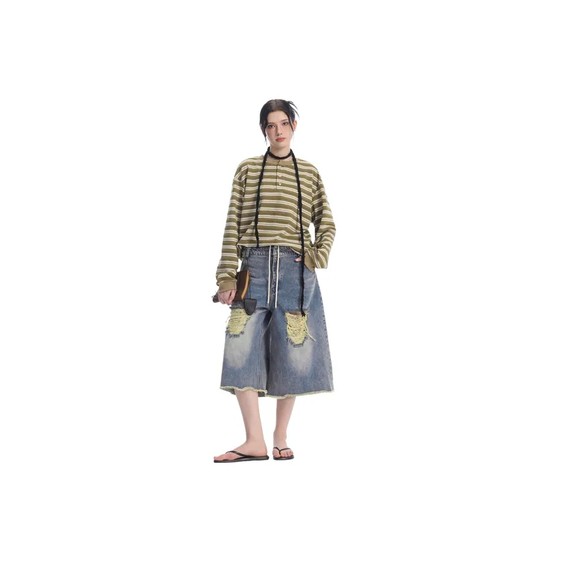 Retro Striped Long Sleeve Blended Synthetic Fabrics T Shirt-8