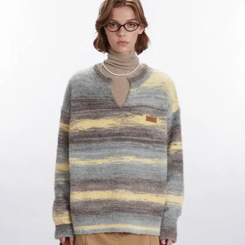 Contrast Color Striped Polyester Sweater Women-2