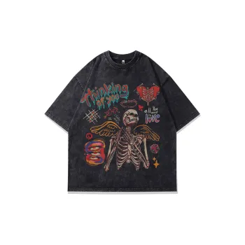 Vintage Retro Skull Print Washed T Shirt