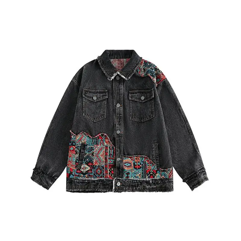 Contrasting Ethnic Style Patchwork Frayed Denim Jacket-4
