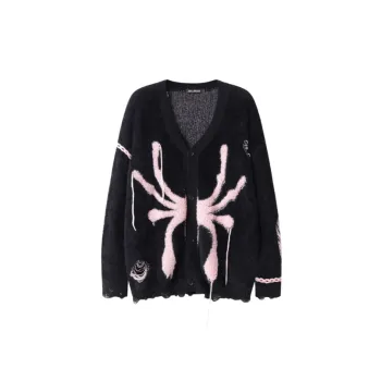 Vintage Spider Embroidered Tassel V Neck Sweater