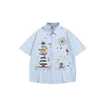 Fun Cartoon Embroidered Vertical Striped Short sleeved Casual Shirt