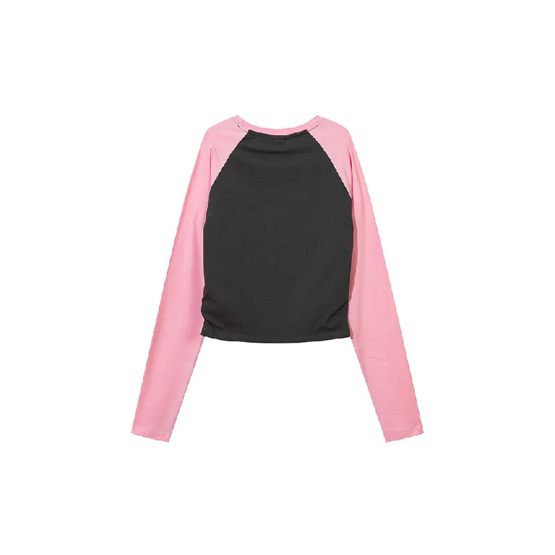 Retro Contrast Color Long Sleeve Cotton T Shirt Women-5