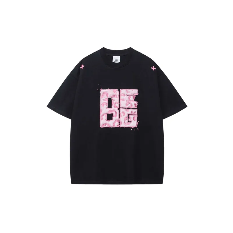 Embroidery Loose Cotton Blended Fabric T Shirt-0