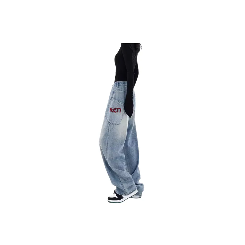 Retro Letter Embroidered Jeans Women-1