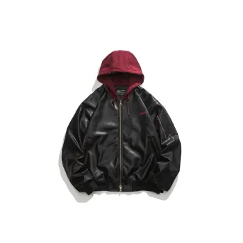 Solid Color Embroidered Logo Vintage Loose Hooded PU Leather Jacket