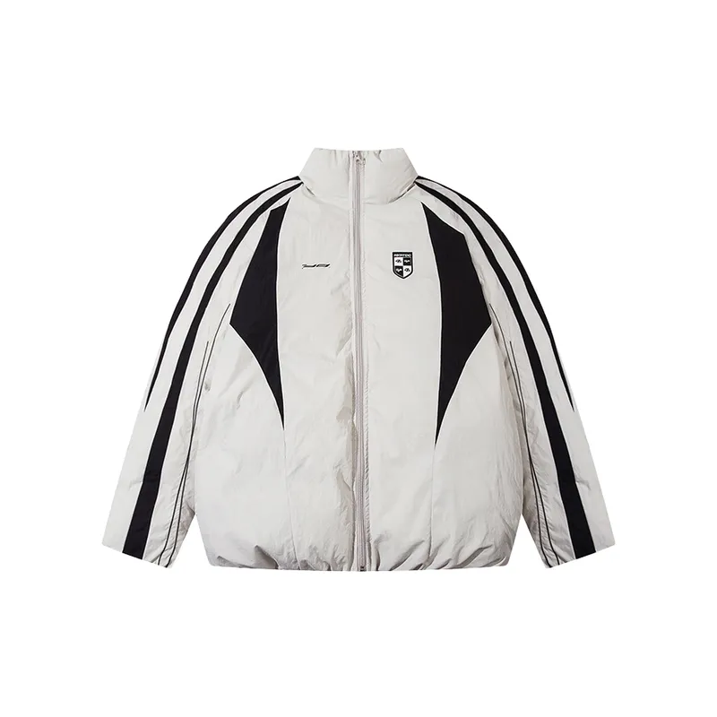 Retro Hip Hop High Street Contrast Color Stripe Collar Cotton Coat-0