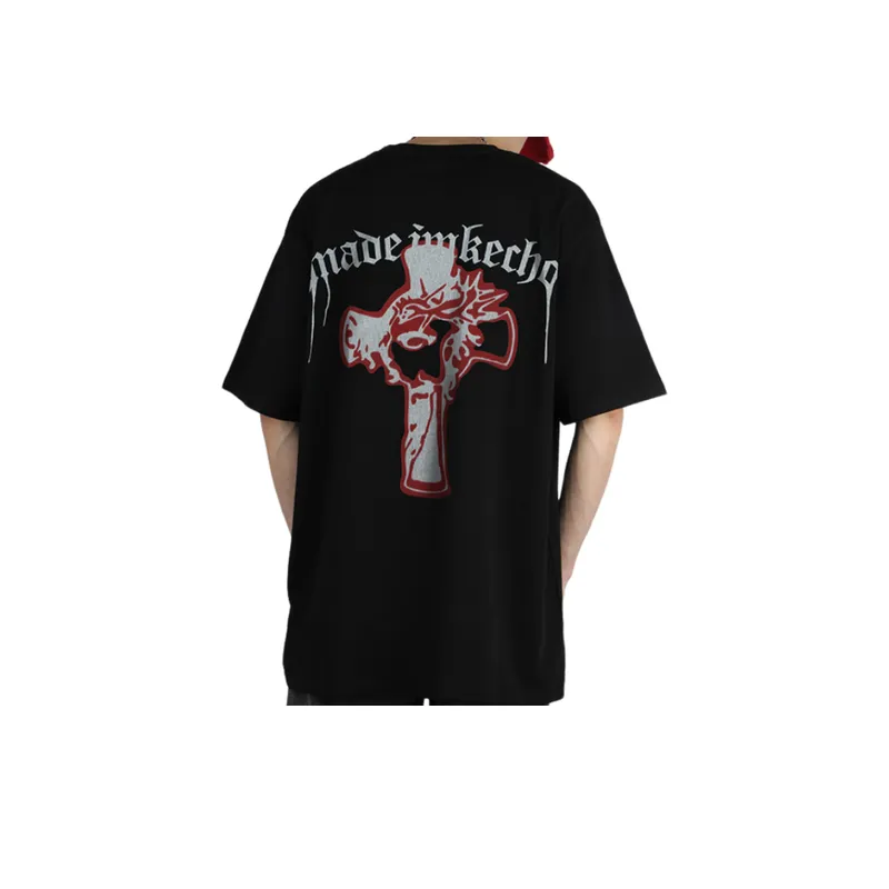 Vintage Cross Printed Washed Short sleeved T shirt-5