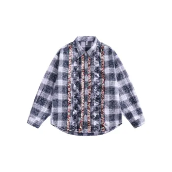 Contrast Color Stitching Ear Plaid Shirt