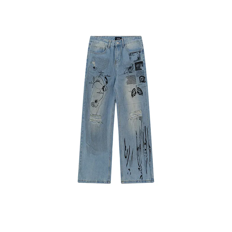 Casual Printed Ripped Jeans-0