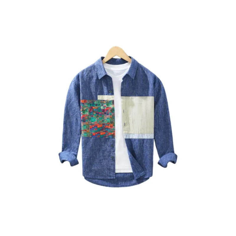 Long-sleeved Printed Stitching Design Casual Loose Shirt-1