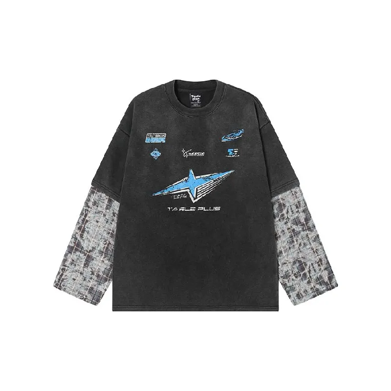 Retro Fake Two Piece Cotton Blended Fabric T Shirt-0