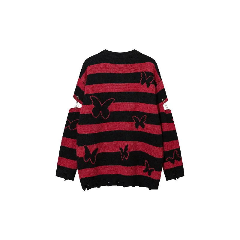 Retro Contrast Color Striped Butterfly Blended Synthetic Fabrics Sweater-5