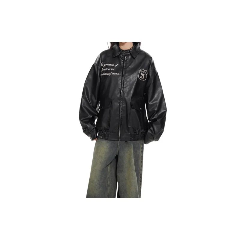 Embroidery Fashionable Leather Jacket-2