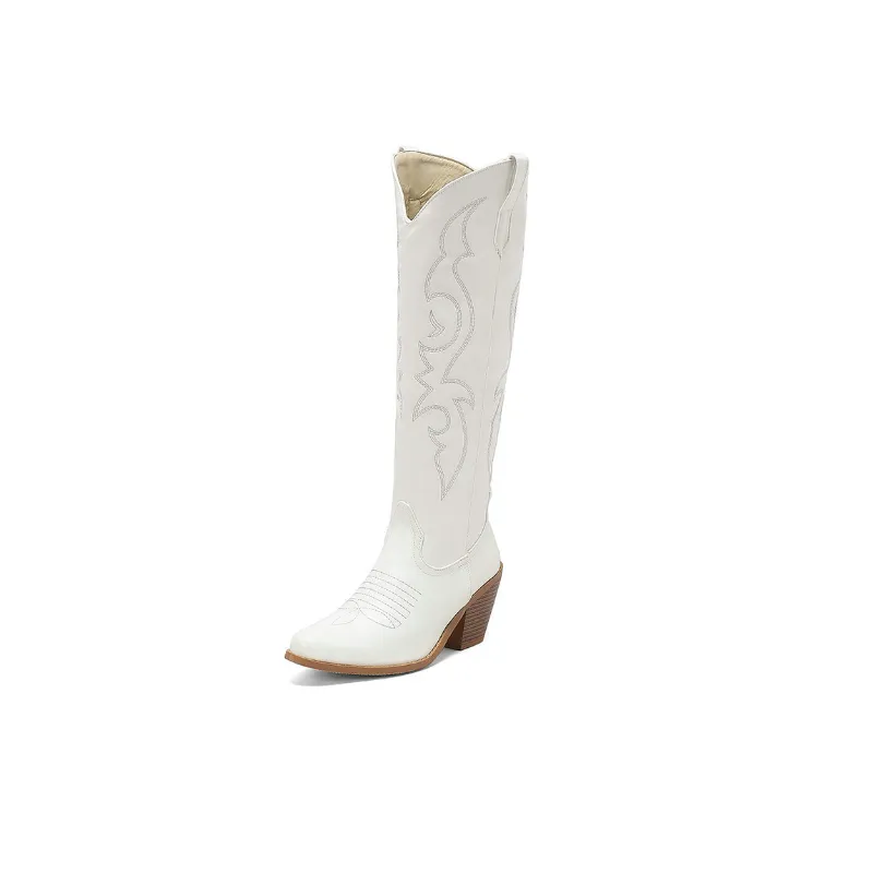 Denim Embroidered Knee High Boots-5