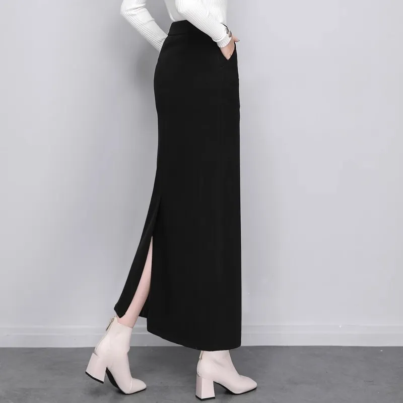 Elegant Plain Woolen Fabric Skirt Women-3