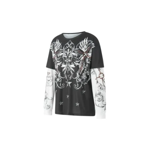 Loose Round Neck Long Sleeved Retro Printing T Shirt