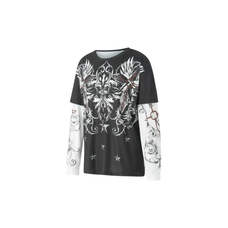 Loose Round Neck Long Sleeved Retro Printing T Shirt-0