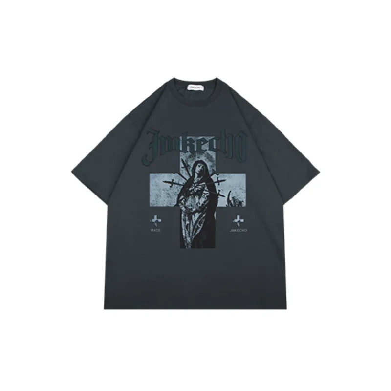 Retro Antique Washed Cross Figure Print T shirt-17