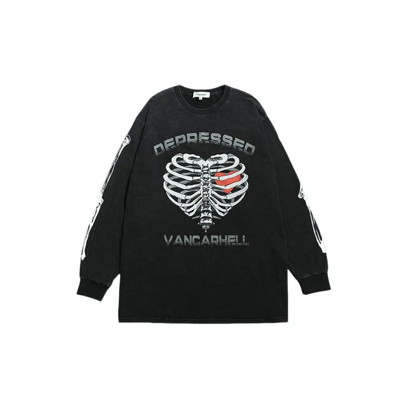 Retro Distressed Skull Heart Print Sweatshirt-4