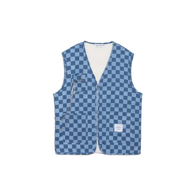 Retro Checkerboard Zipper Denim Vest