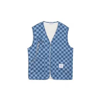 Retro Checkerboard Zipper Denim Vest