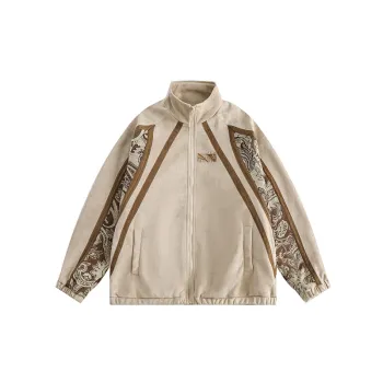 Suede Stitching Cashew Flower Stand Collar Casual Jacket
