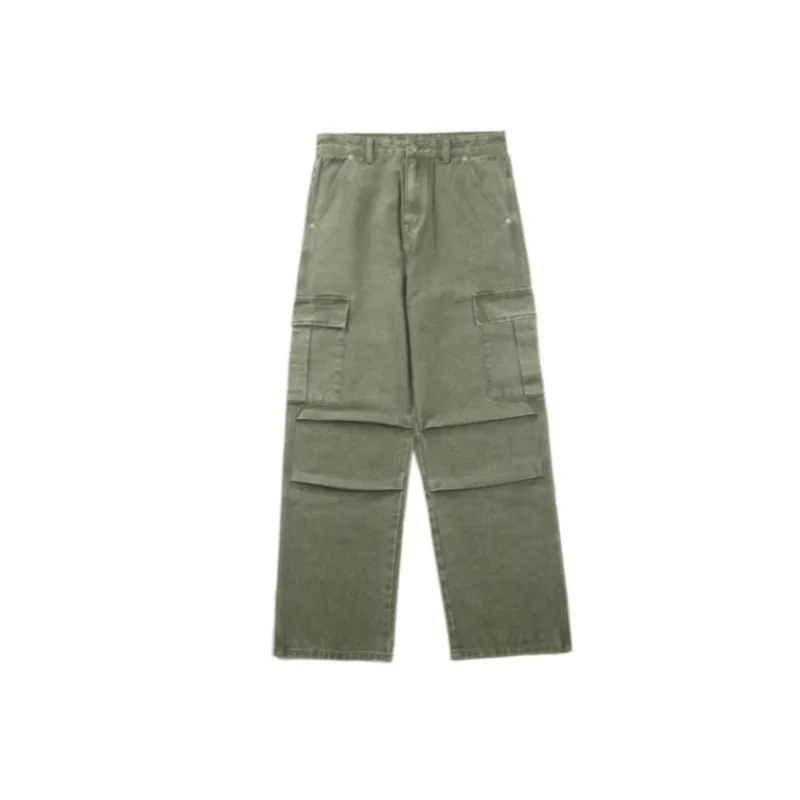 Loose Wide Leg Multi Pocket Straight Pleated Overalls Jeans-0