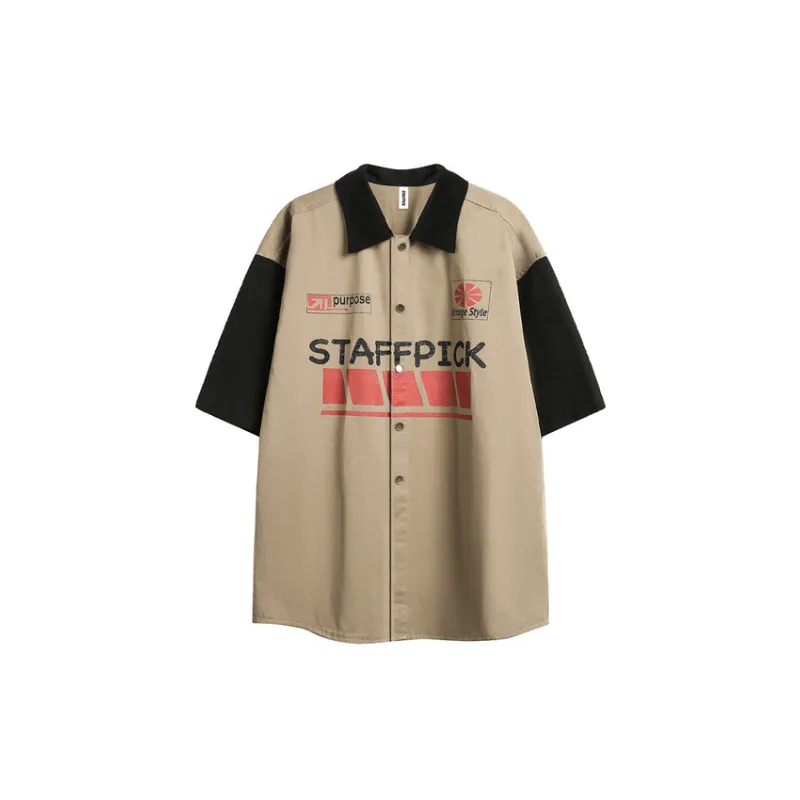 Colorblock Letter Printed Short Sleeve Shirt-0