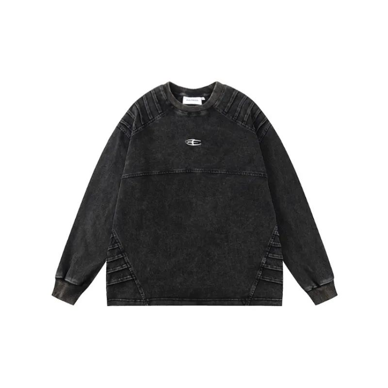 Design High end Feeling Retro Distressed Washed Pleated Long Sleeve Ins Loose Casual Sweatshirt-0