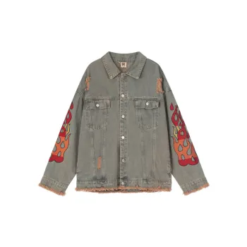 Vintage Flame Denim Embroidered Rave Coat