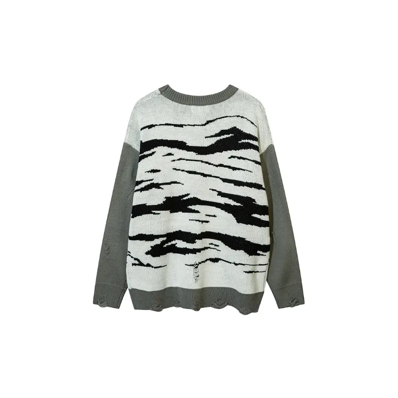 High Street Lazy Style Hole Yarn dyed Creative Pattern Loose Crewneck Sweater-5