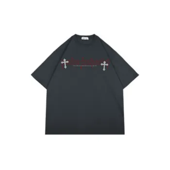 Vintage Cross Printed Washed Short sleeved T shirt