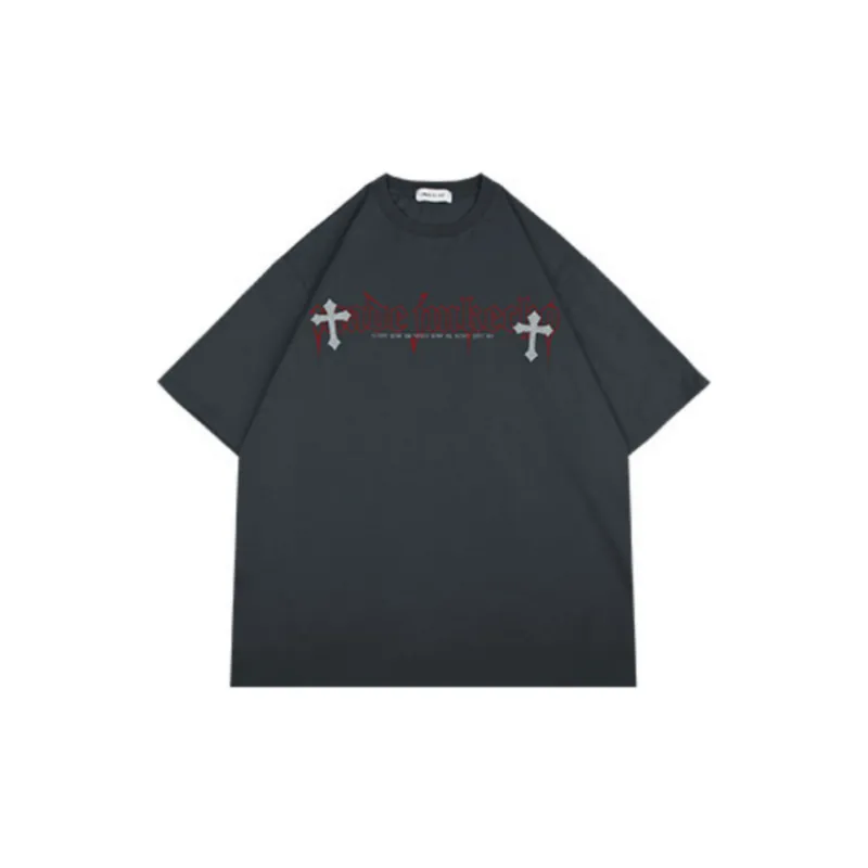 Vintage Cross Printed Washed Short sleeved T shirt-6