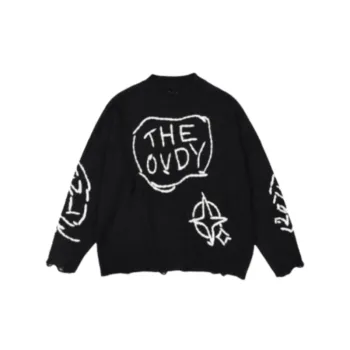 Trendy Embroidered Letters Ripped Crewneck Loose Knitted Sweater