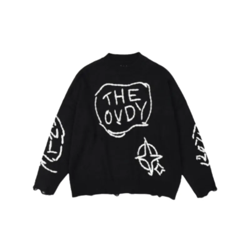Trendy Embroidered Letters Ripped Crewneck Loose Knitted Sweater-0