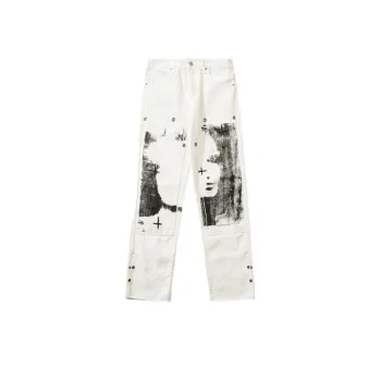 Graffiti Print White Straight Jeans