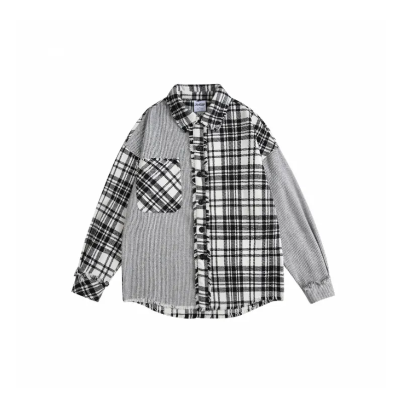 Design Spliced Plaid Long Sleeve Shirt-0