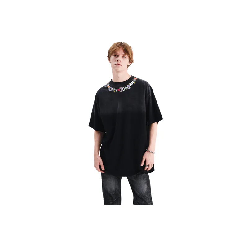 Wash Old Street Petal Print Short sleeved Loose Shoulder T shirt-2