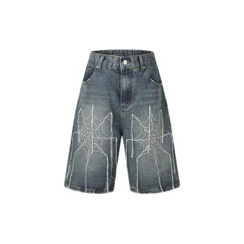 Retro Loose Cashew Flower Print Spider Denim Shorts