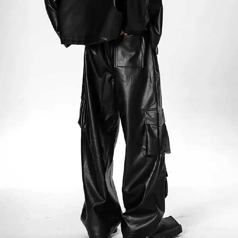 Punk Large Pockets Blended Synthetic Fabrics Leather Pants-1