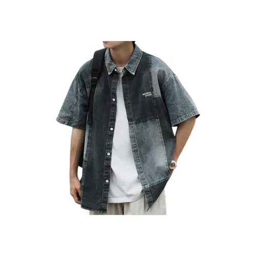 Stitching Contrast Color Denim Half-sleeved Shirt